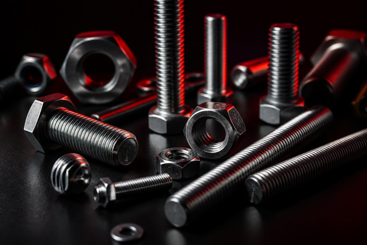 Precision steel fasteners on a dark surface